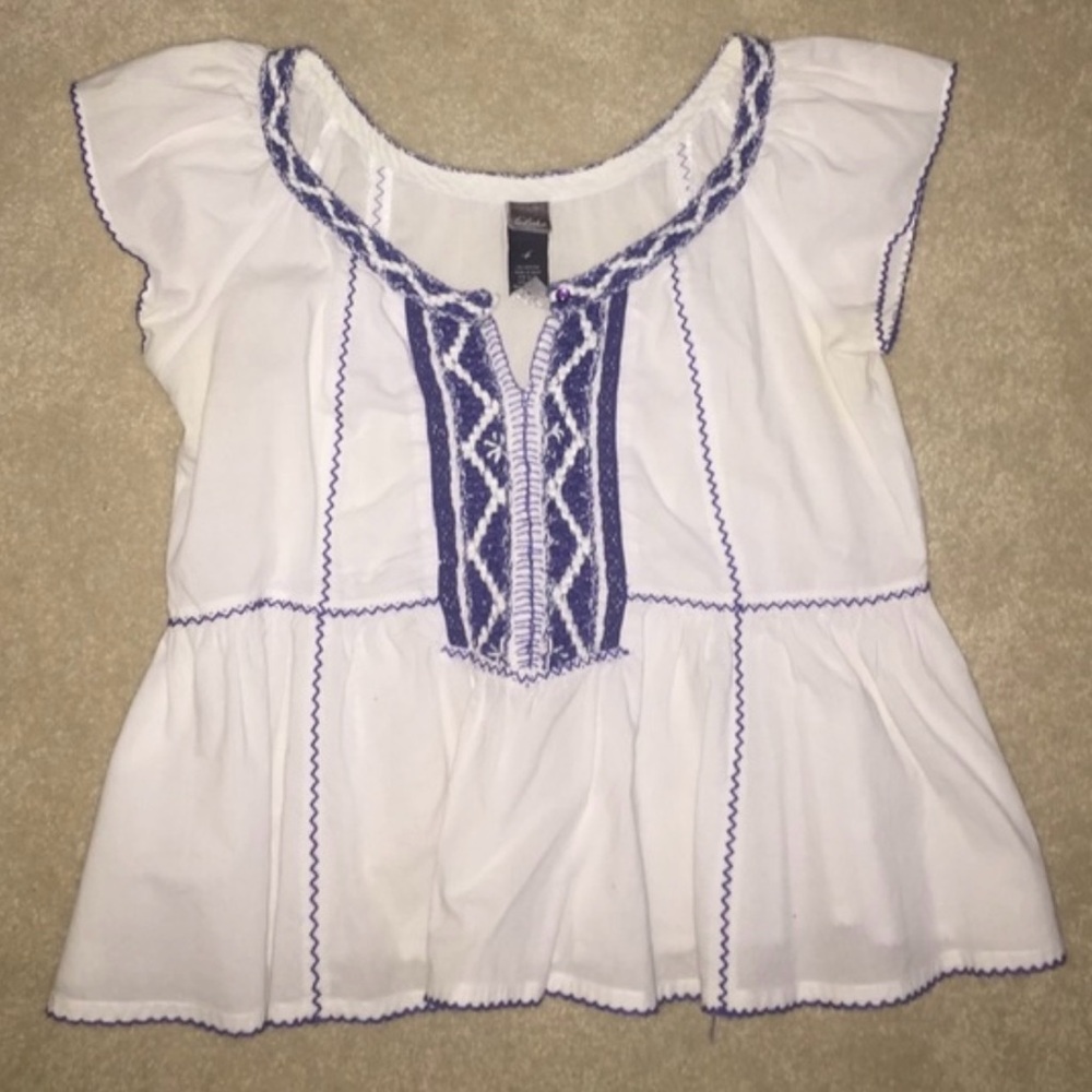 White and Blue Peplum Blouse with Flutter Cap Sleeves